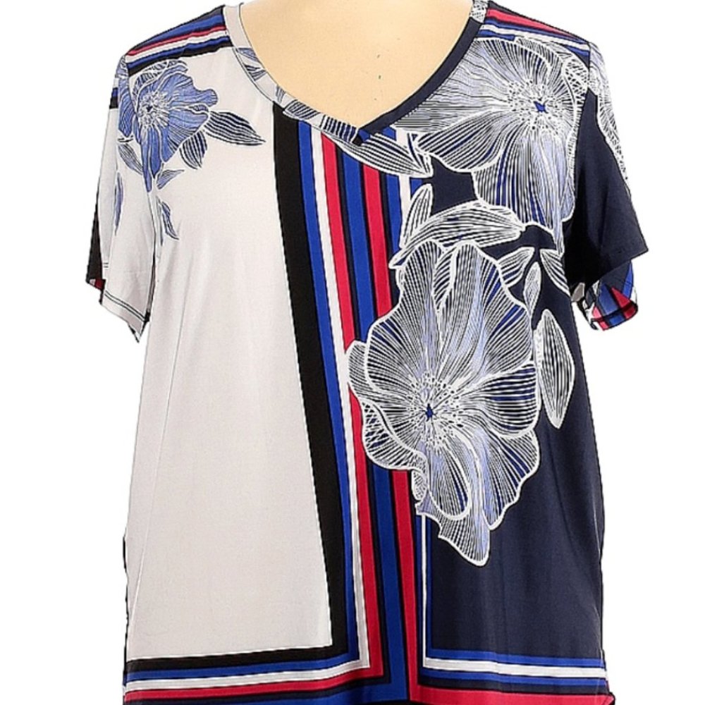 Nygard Women's Floral Shirt 2XL Blue & White Soft Stretch V Neck Pullover Boho